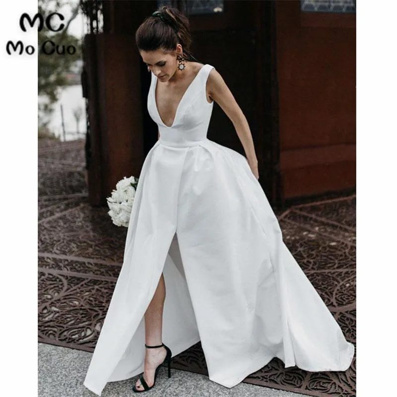 Sexy Leg Split Plunge V-neck Long Satin Wedding Dresses