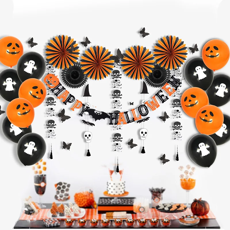 

Happy Halloween Garland Party Decorations Favor Cut-out Paper Fans Printed Ghost Latex Balloon Halloween Decor Accessories 2018