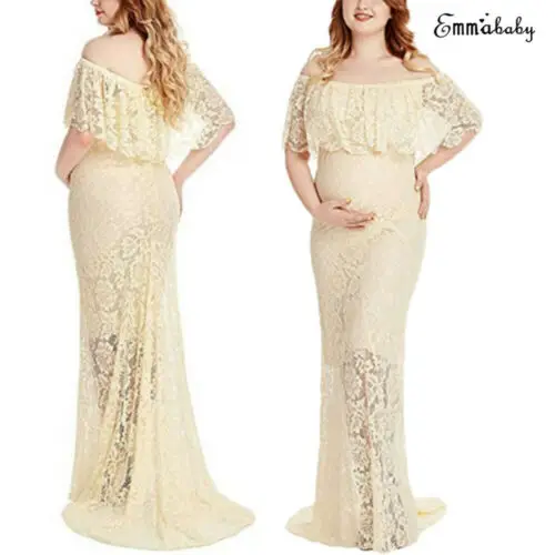 Elegant Women Ladies Lace Maternity Off Shoulder Long Maxi Dress Photography Wedding Props Gown Pregnant Photo Shoot Clothing