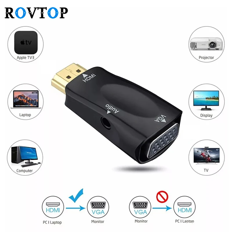 Адаптер Rovtop HDMI в VGA переходник типа штекер гнездо с аудиокабелем HD 1080p для ПК