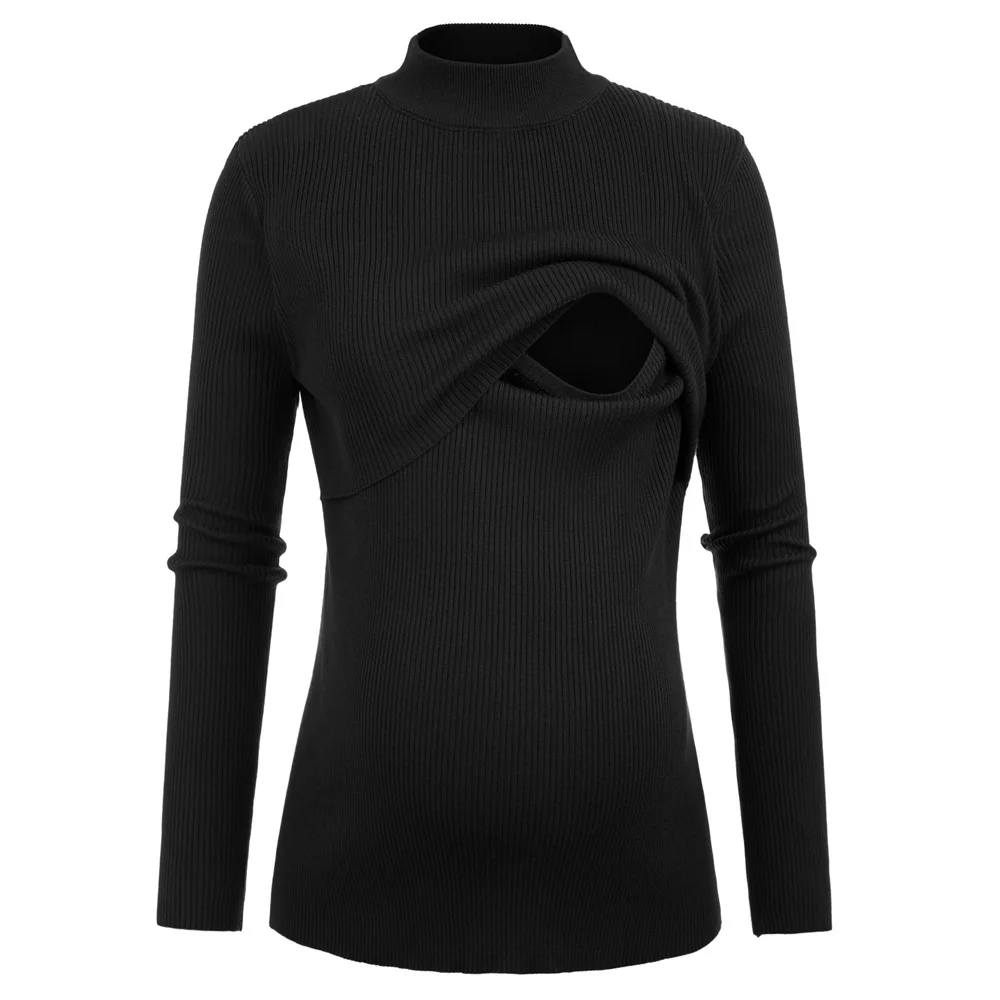 

black Women sweater Maternity Knitted Breastfeeding Tops Knitwear Long Sleeve Mock Neck solid color comfortable warm sweater