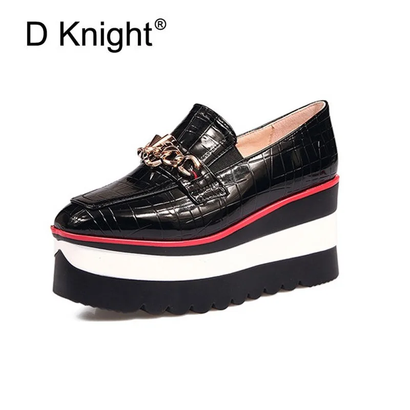

Spring Women Wedges Platforms Metal Chain Decoration High Heels Loafers Round Toe Slip-On Pumps Casual Shoes Woman Plus Size 42