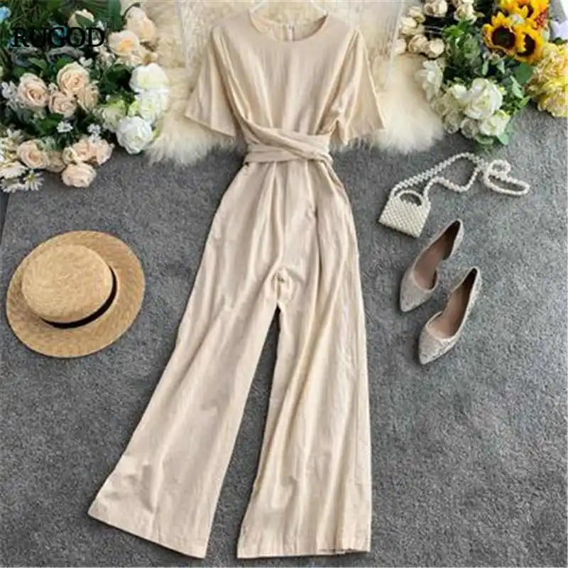 

RUGOD Korean Style Solid Women Jumpsuit O-Neck Empire Waist Bandage Straight Loose Romper Women Casual ромпер женский