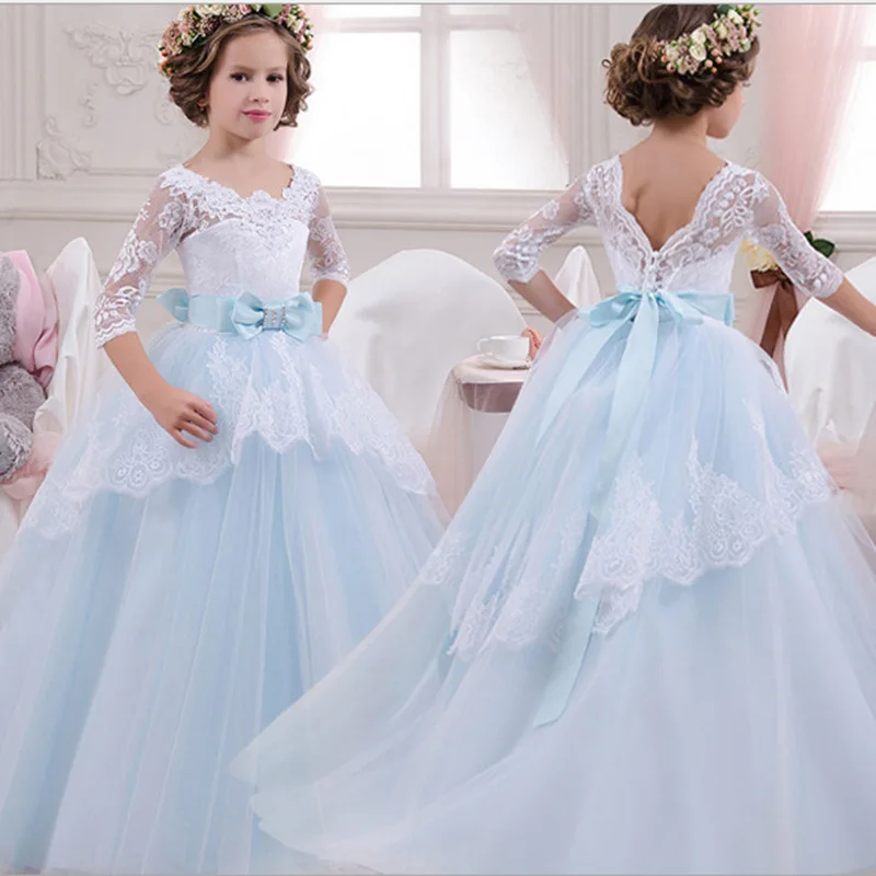 3-12Y Elegant Princess dress For Little Girls Lace Appliques Half Sleeves Beading Belt Open V Back long Ruffle Tulle Ball Gowns 3-12Y Elegant Princess dress For Little Girls Lace Appliques Half Sleeves Beading Belt Open V Back long Ruffle Tulle Ball Gowns