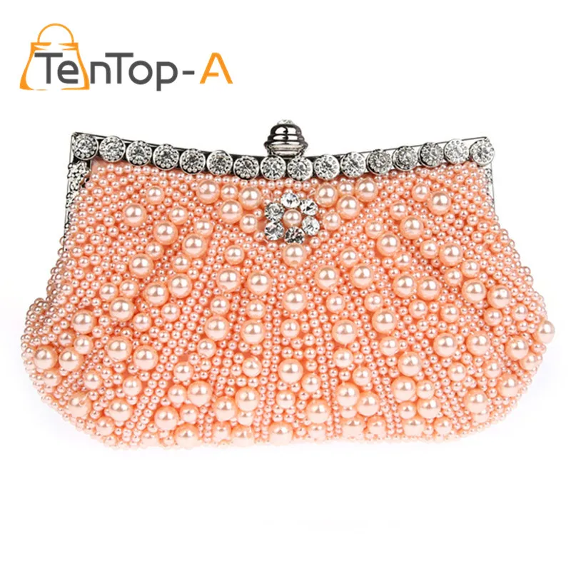 ФОТО TenTop-A Exquisite Double Sides Pearl Beaded Striped Dinner Evening Bag Female Diamond Bridal Banquet Clutches Shoulder Handbags