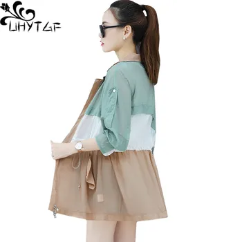 

UHYTGF Loose plus size Sun protection clothing Breathable thin windbreaker coats Color matching Oversized Summer top women's 573