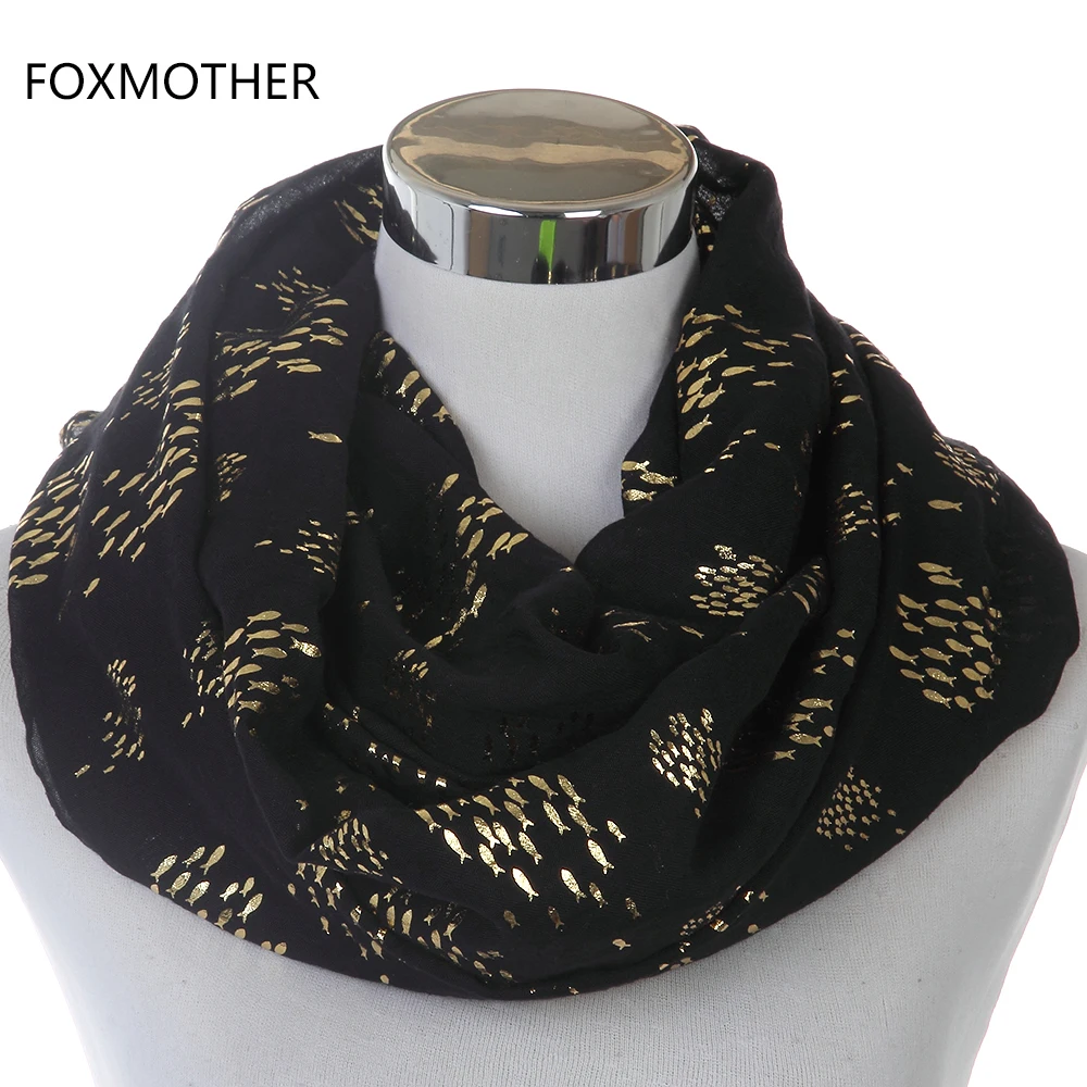 

FOXMOTHER 2017 New Design Fashion Women Black White Shiny Bronzing Gold Smaller Fish Infinity Scarf Ring Snood