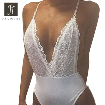 Kaywide Deep v neck lace up sexy bodysuit Black backless Strap women Bodysuits 2016 summer short elegant jumpsuit rompers