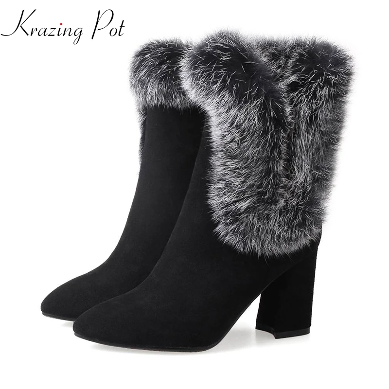 

Krazing Pot 2019 cow suede real fur rabbit hair women streetwear pointed toe dowager high heels metal zip ankle short boots L29