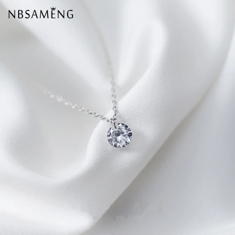 

NBSAMENG Real 925 Sterling Silver Round Shape CZ Cubic Zirconia Pendant Necklace Crystal Clavicular Chain For Women Gift Jewelry