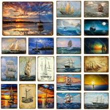 Винтаж океан парусная лодка корабль Художественная печать металлический плакат ретро оловянные знаки для паба Бар Кафе комната Настенный декор Классический парусник доска