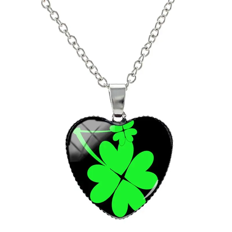 JWEIJIAO, зеленые растения, четырехлистный клевер, ожерелье s в форме сердца, стеклянный кабошон, фото, подвески, ожерелье, серебряный цвет, длинная цепочка HP215 - Окраска металла: QF326