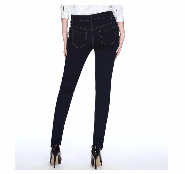 Жан роковой моды середины талии молнии оформлены эластичный обтягивающие джинсы полный Длина джинсы Sexy Тонкий плотный карандаш Для женщин джинсы