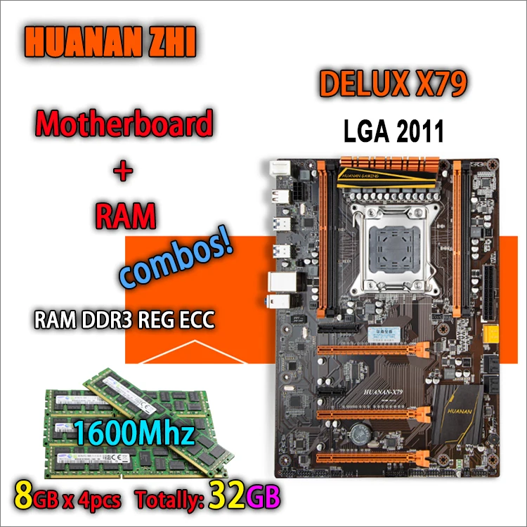 Игровая материнская плата huanan Zhi Deluxe version X79 для intel LGA 2011 ATX 4 combos 4x8 GB 32GB 1600Mhz DDR3 RECC Memory 64gb