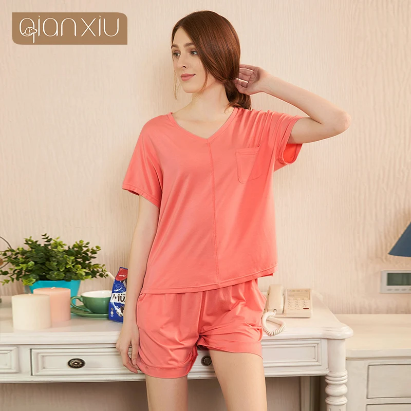 

2019 Summer Women Casual pajama sets Female soft Cotton Sleepwear suit Ladies short sleeve O-neck collar t shirt + Shorts XXL