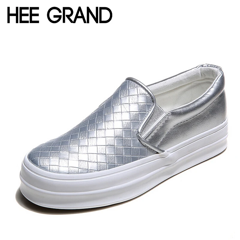 HEE GRAND Platform Loafers Silver Shoes Woman Weave Creepers Slip On Flats Casual Round Toe Women Autumn 3 Colors XWC566 | Обувь