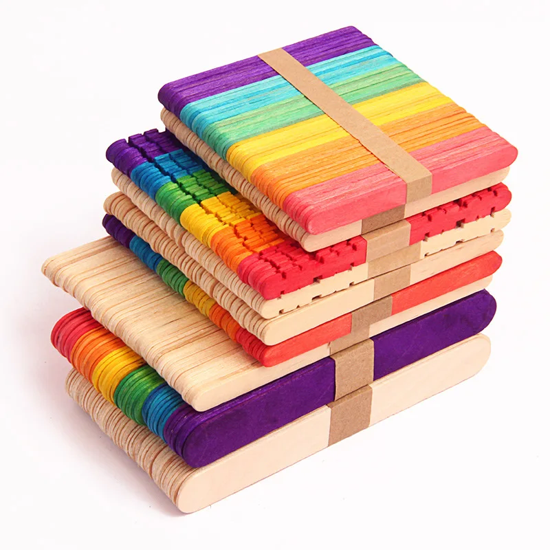 

50pcs Colored Wooden Popsicle Sticks Natural Wood Ice Cream Sticks Kids DIY Hand Crafts Ice Cream Cake Tools Manual Material