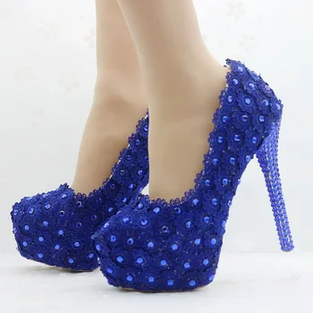 

Fashion Newest Royal Blue Rhinestone Pumps Shoes Women Blue Lace Women Pumps Thin High Heels Pumps For Women Royal Blue Heel