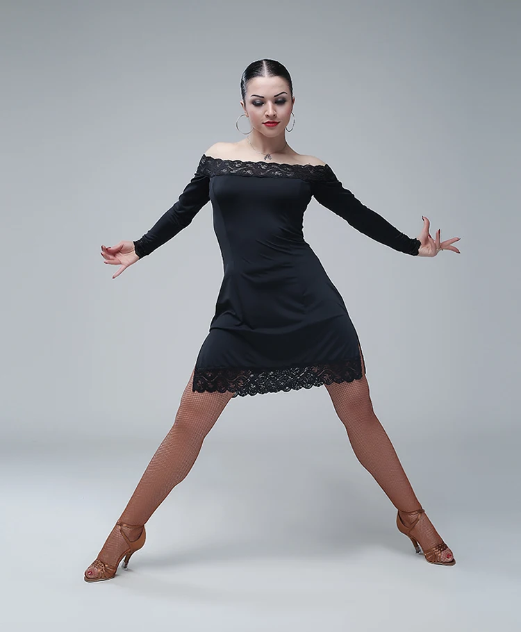 Дешевые Латинской платье для танцев для дам черный спинки кружевном платье новые женские Для женщин квадратный латино индийский Чача