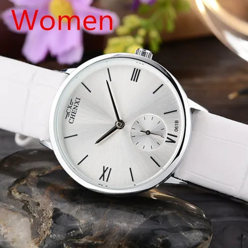 Новое поступление, черные/белые кожаные часы для влюбленных, подарок для мальчика или девочки, модные женские кварцевые часы CHENXI, пара наручных часов - Цвет: Women white watch