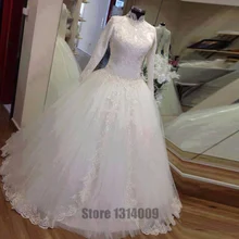 High Quality Long Sleeve Beaded Shinning Muslim Wedding Dresses New Lace Appliques White Bridal Gown Arabic Hijab Wedding Dress