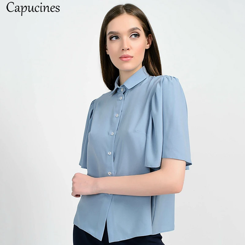 

Fashion Flutter Sleeve Summer Chiffon Blouse 2019 Women Button Turn-down Collar Solid Casual Shirts Female Plain Chic Basic Tops