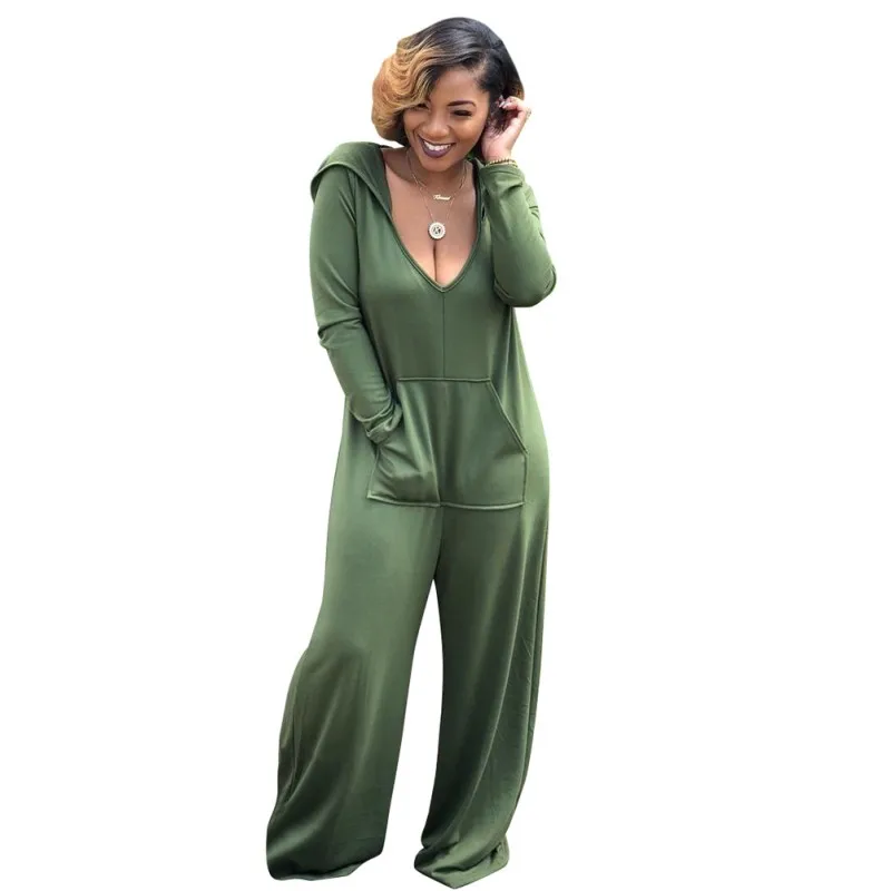 Army Green Black Gray Casual Ladies Hooded Jumpsuit Wide Leg Autumn