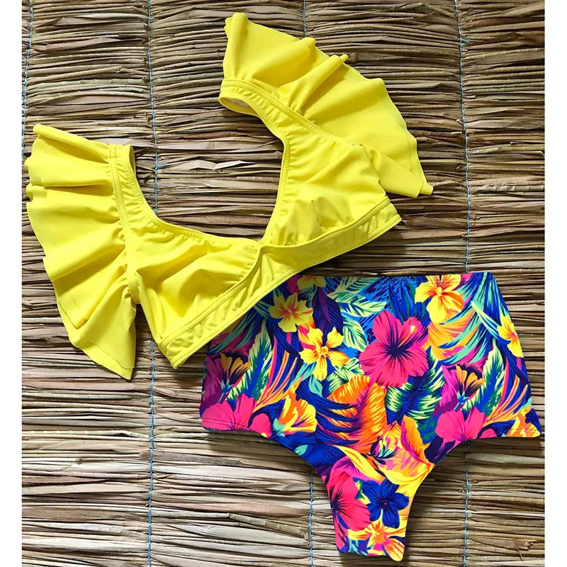 Conjunto de Bikini de dobladillo con volantes florales para mujer Flora con cuello en V de cintura alta traje de baño de dos piezas 2018 niña traje de baño de playa biquinis