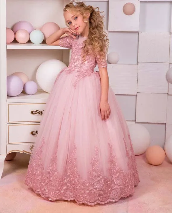 

Blush pink lace appliques junior kids flower girl dresses little bridesmaid princess birthday party formal event gowns