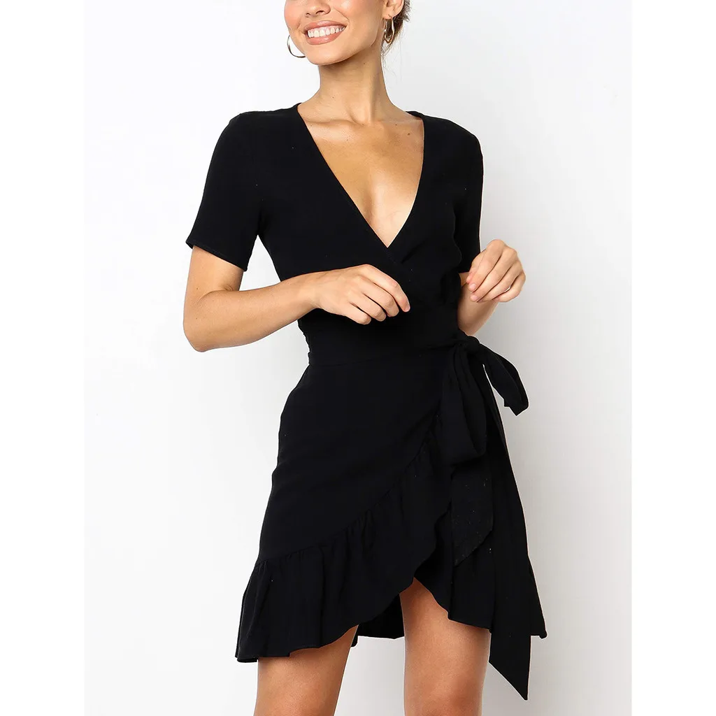 

2019 Summer Women's Mini Dress Solid Bow Ruffles Ladies Party Pencil Dress Sexy V-Neck Bodycon Irregular Female Short Dress