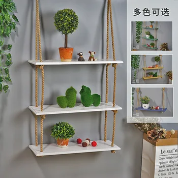 

Wooden Wall Shelf Hemp Rope Partition Perforation Solid Wood Wall Hanging Living Room Wall Decoration Shelf Murals Ornaments