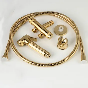 

Bathroom copper toilet angle valve spray gun set gold polished hot and cold water body cleaner handheld bidet faucet set