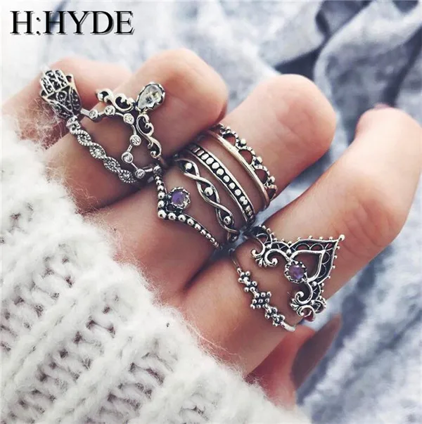 H:HYDE 10 pc/set Charm Silver Color Midi Finger Ring Set Boho Knuckle Party Ring H:HYDE 10 pc/set Charm Silver Color Midi Finger Ring Set Boho Knuckle Party Ring