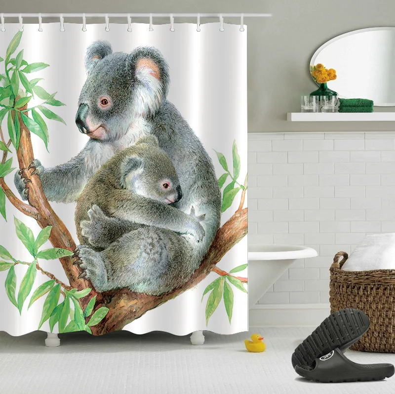 Tree Green Leaves Koala Pattern Waterproof Polyester Fabric Shower Curtain Set 