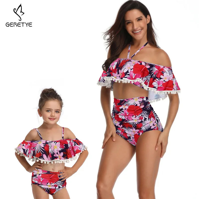 2019 Fashion Parent-child Swimwear New Floral Print Women Child Two Pieces Falbala Halter Tops Female Kid Suit Sexy Swimsuit