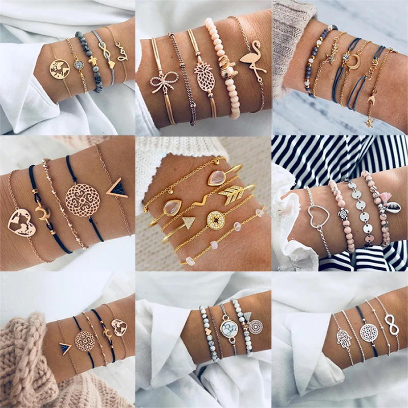 

Boho Bangle For women Turtle Elephant Heart Shell Star Moon Bow Arrow Map Crystal Charm Bead Bracelet Set 2019 Bohemian Jewelry