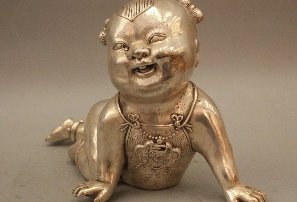 

7"China Chinese Tibet Silver Lucky Beautiful virgin girl Tongzi Statue