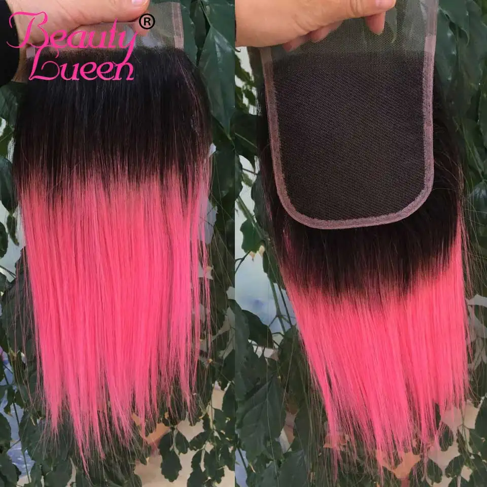 Brazilian Straight Hair 3 Bundles With Closure 1B Pink Two Tone Ombre Color Human Hair Weave With Lace Closure Remy Beauty Lueen (9)