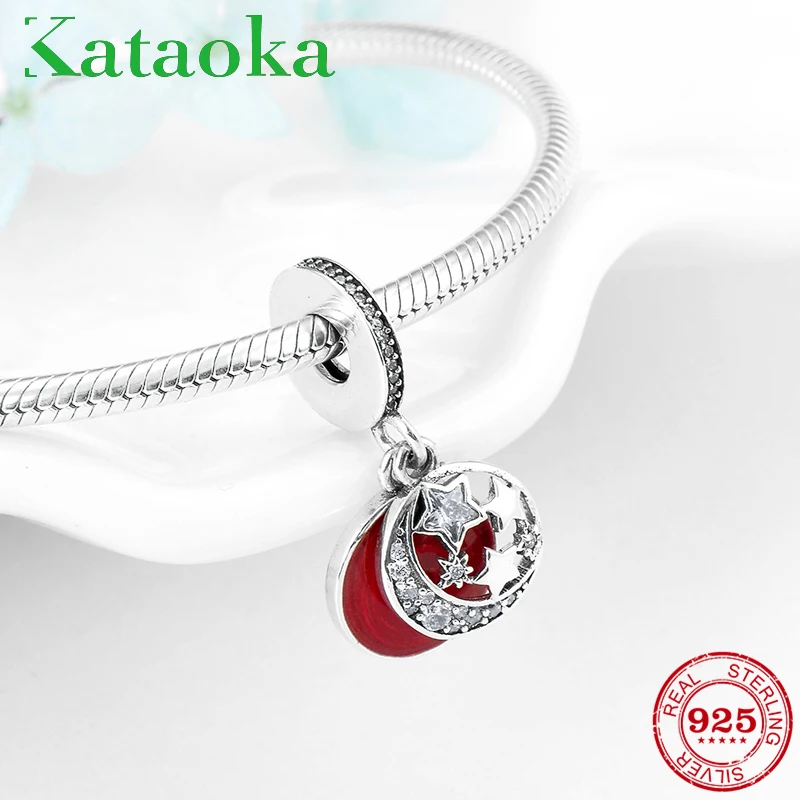 

Valentine's Day gift Romantic Moon Stars Red Enamel Charms 925 sterling silver Fit Original Pandora Charm Bracelet Jewelry