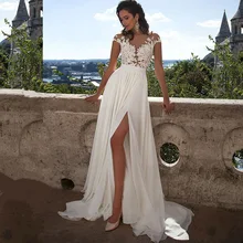Cheap Simple Beach Wedding Dresses 2017 Vestido De Noiva Chiffon Lace Appliqued Sexy Women Bridal Dress with Cap Short Sleeve