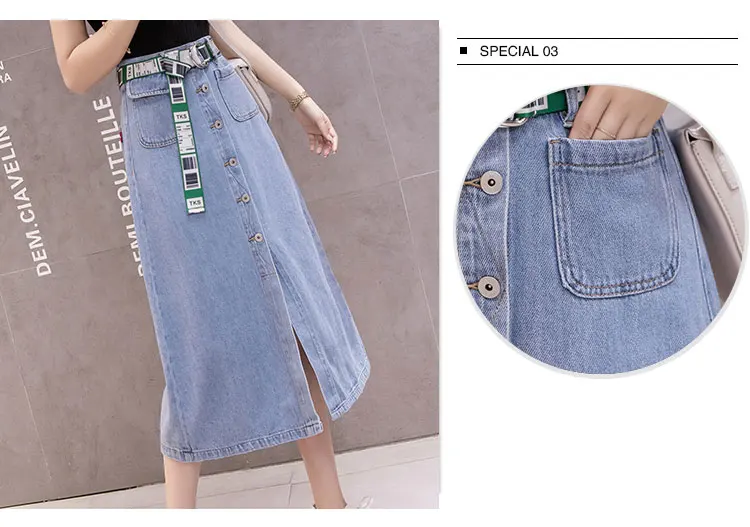 Корейский стиль Vogue элегантная джинсовая юбка для женщин 2019 Лето Высокая талия однобортный карман А-силуэт повседневные свободные джинсы