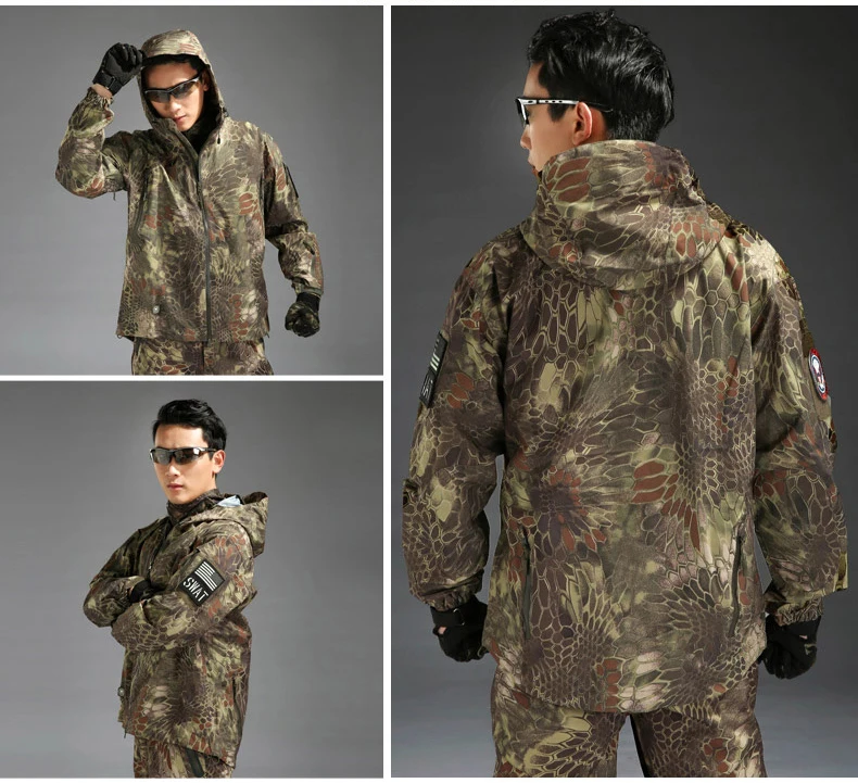 Открытый водонепроницаемый жесткий корпус Военная тактическая куртка для мужчин камуфляж с капюшоном Hardshell тонкий давление клей ветровка пальто Топы