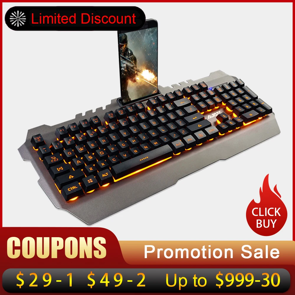 

AJAZZ USB Wired Keyboard Gaming Mechanical Feel Keyboard Yellow Backlight Waterproof Alloy Panel 104 Keys for Gaming Keyboards