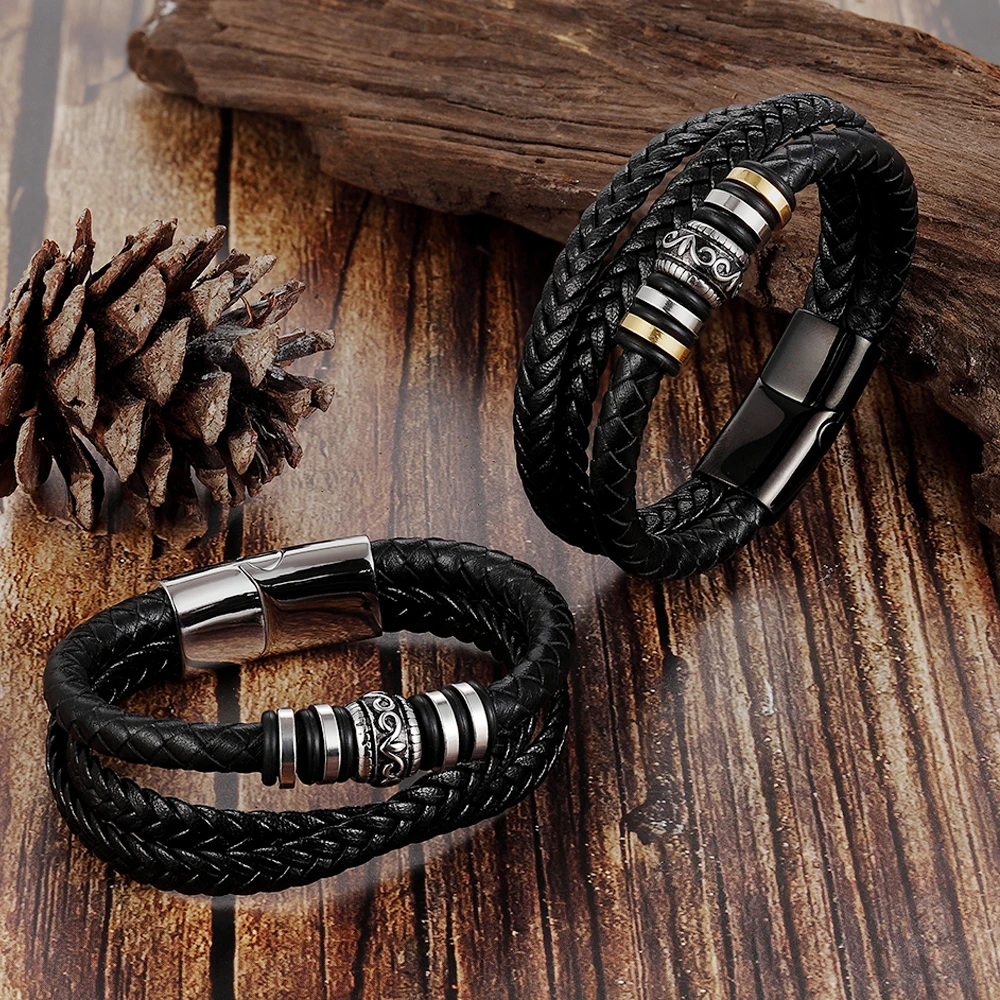 2019 New Fashion Leather Bracelet Men Weave Handmade Stainless Steel Leather Charm Bracelet For Men Jewelry Gift - Image 2