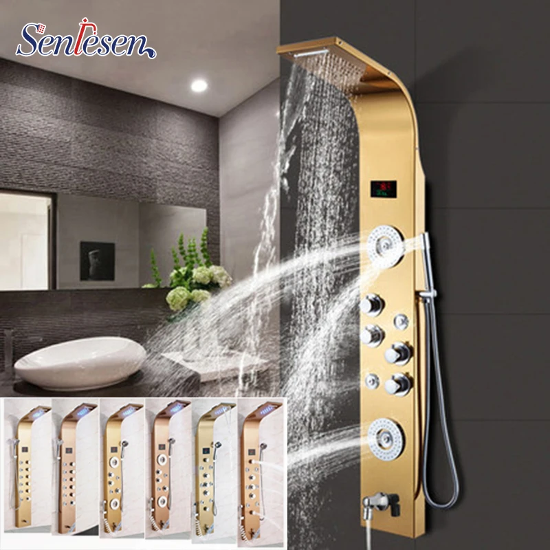Bathroom Golden Shower Column Panel Wall Mount Digital Temperature