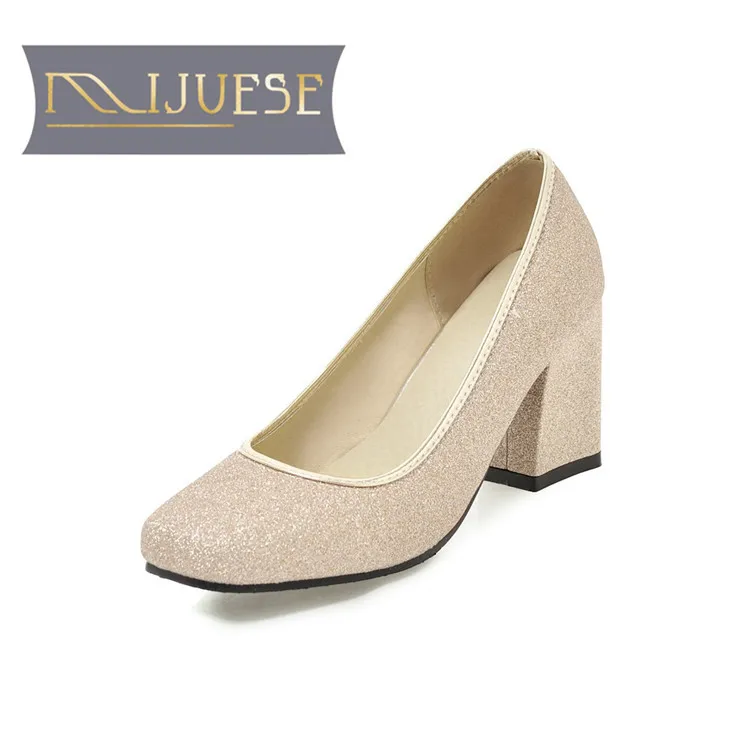 

MLJUESE 2018 women pumps slip on square toe Bling autumn spring purple color high heels women size 34-43
