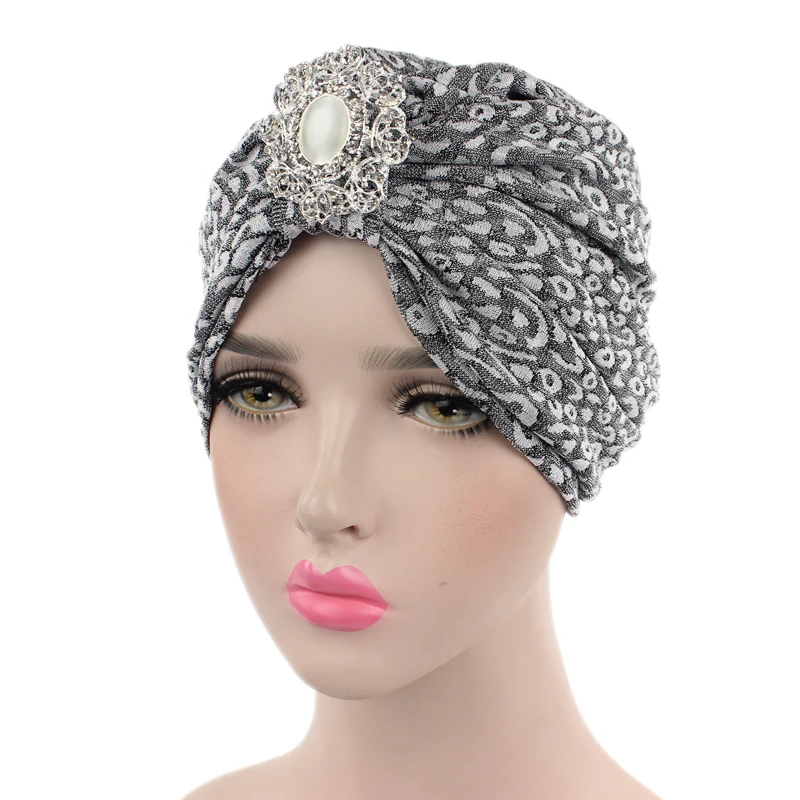 

Women luxury Sparkle jeweled metal brooch cotton beanie bowknot bow turban with metal pedant Headbands Hat Turbante
