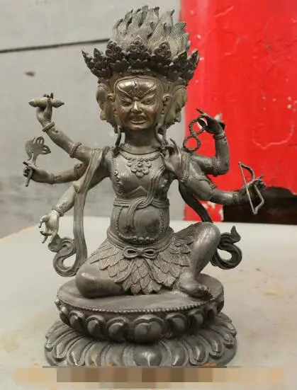 

S4205 13 Chinese Collect Buddhism Pure Bronze 3 Face 6 Hand Parnashavari Buddha Statue