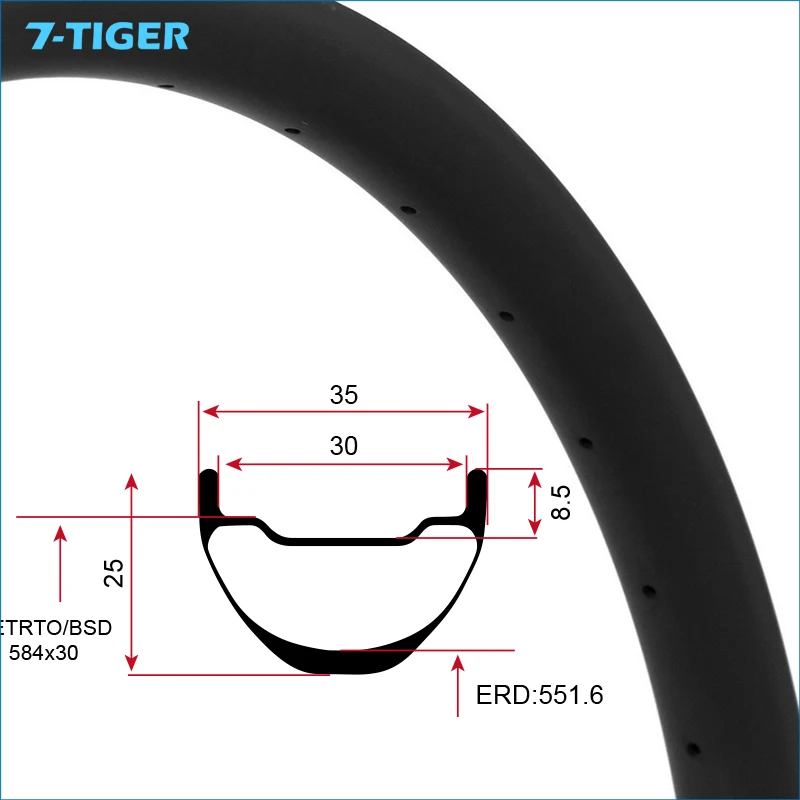 7-тигр Hookless шириной 35 мм x глубина 25 мм 27.5 дюймов бескамерные готов углерода MTB обод