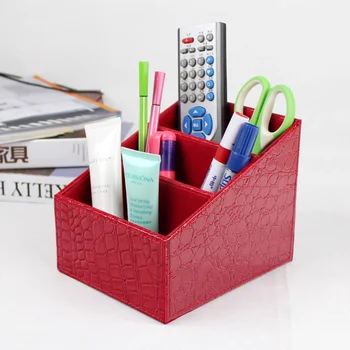 

fashion 3-slot home office wood PU leather desk sundries makeup remote controller stationery storage box case holder croco red